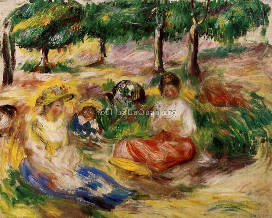 Three Young Girls Sitting in the Grass - 皮埃尔·奥古斯特·雷诺阿